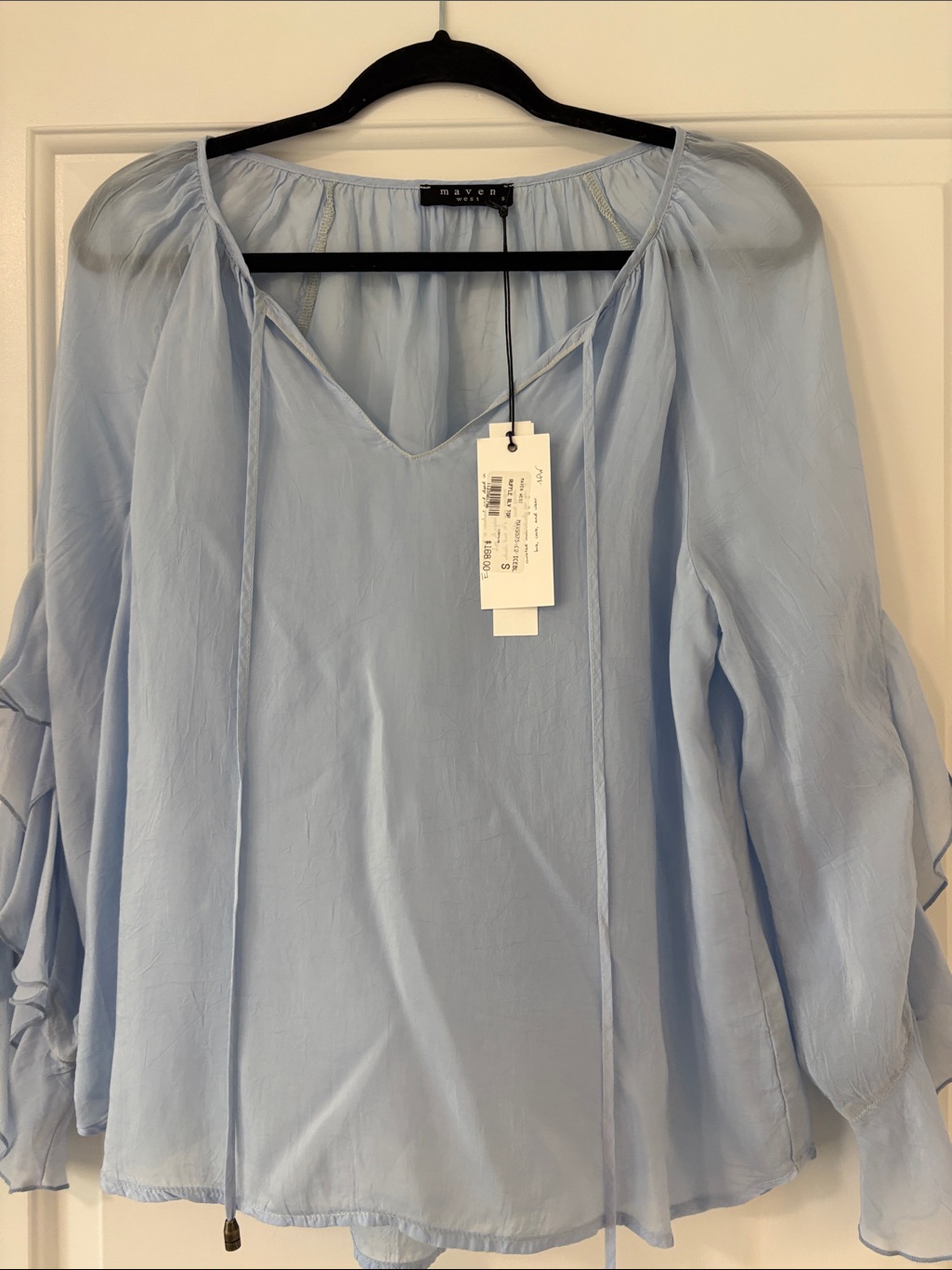 Nwt Maven West Light Blue V-Neck Peasant Blouse With Ruffled Sleeves Size S